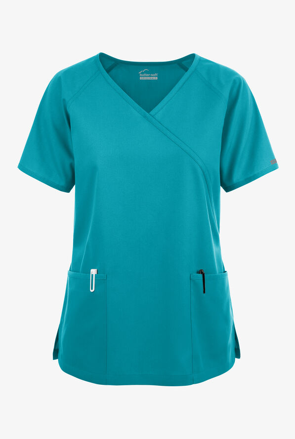 Blusa médica Butter-Soft Originals estilo cruzado con 3 bolsillos para mujer - Teal - 1