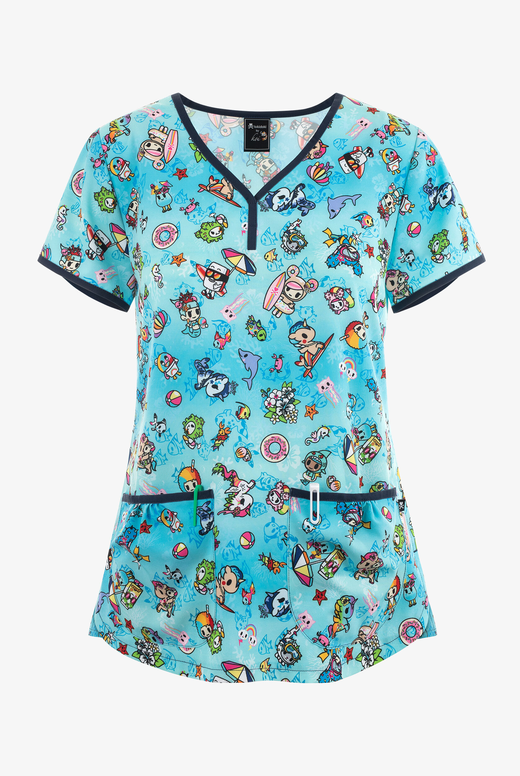 koi Tokidoki Aloha Sea Life Women's 2-Pocket STRETCH V-Neck Print