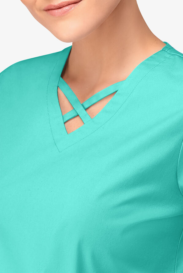 Butter-Soft STRETCH Women's 4-Pocket Crisscross Scrub Top - Aqua Dust - 3