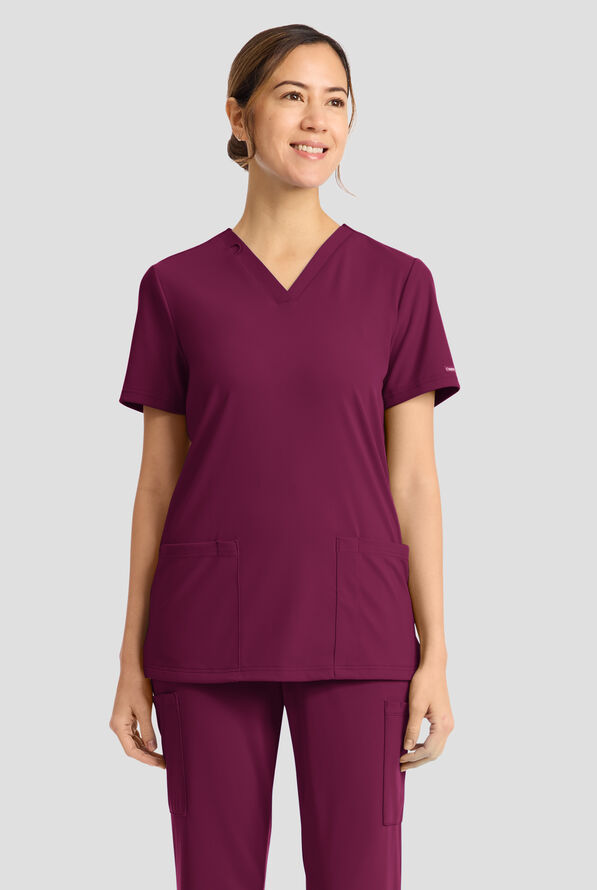 Cherokee Achieve Women's 2-Pocket STRETCH Knit V-Neck Scrub Top - Wine - 2