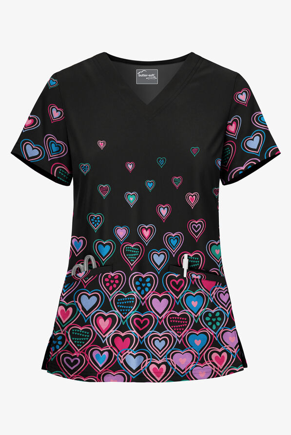 Butter-Soft STRETCH Bright Hearts Black Printed Women's 2-Angled Welt Pocket V-Neck Print Scrub Top - null - 1
