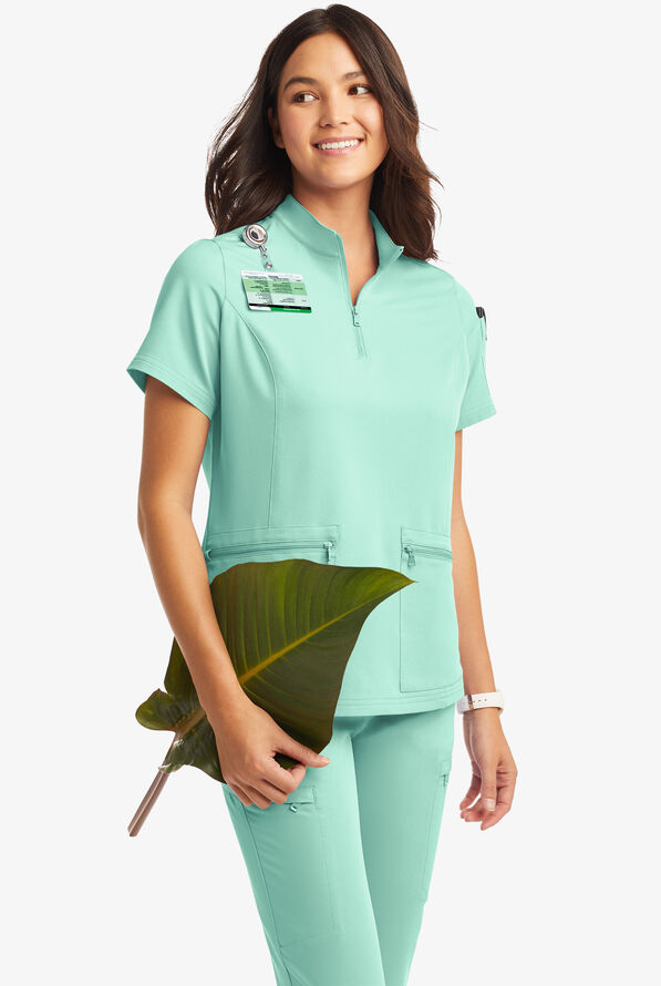 Butter-Soft Women's 5-Pocket Zipper Neck Short Sleeve Scrub Top **Slightly IRREGULAR** - Beachside Blue - 2