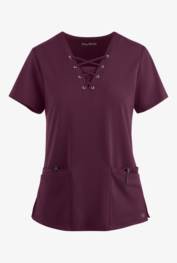 Easy STRETCH Gisele Women's 4-Pocket Lace Up V-Neck Scrub Top - Dark Mulberry - 1