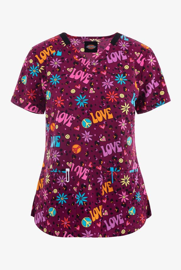Dickies EDS Happy Hippie Love Women's 2-Pocket STRETCH V-Neck Print Scrub Top - null - 1