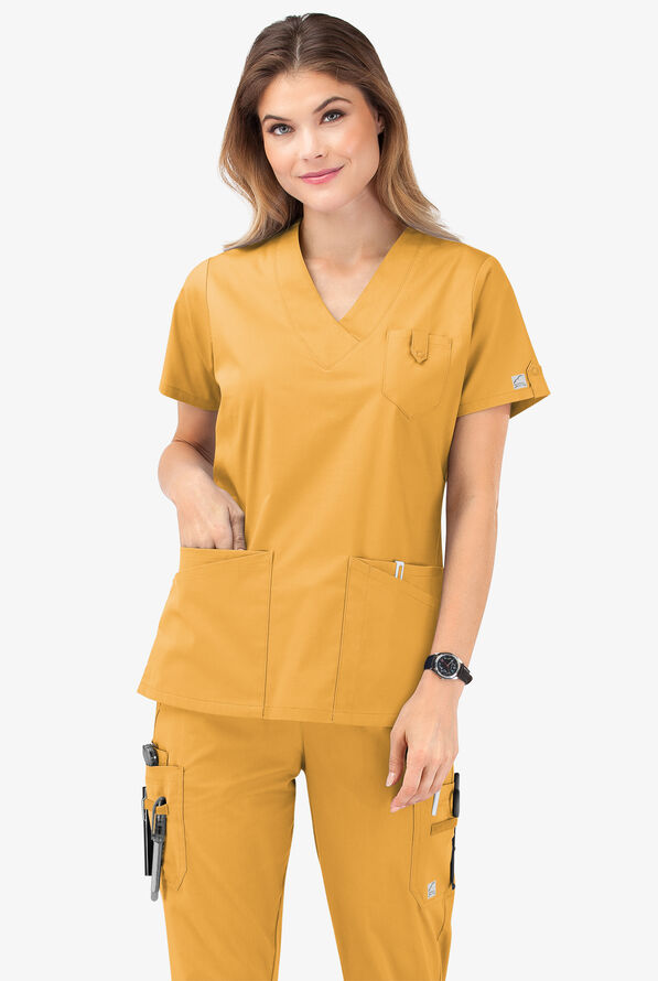 Butter-Soft STRETCH Women's 6-Pocket V-Neck Scrub Top - Apricot Sunset - 8