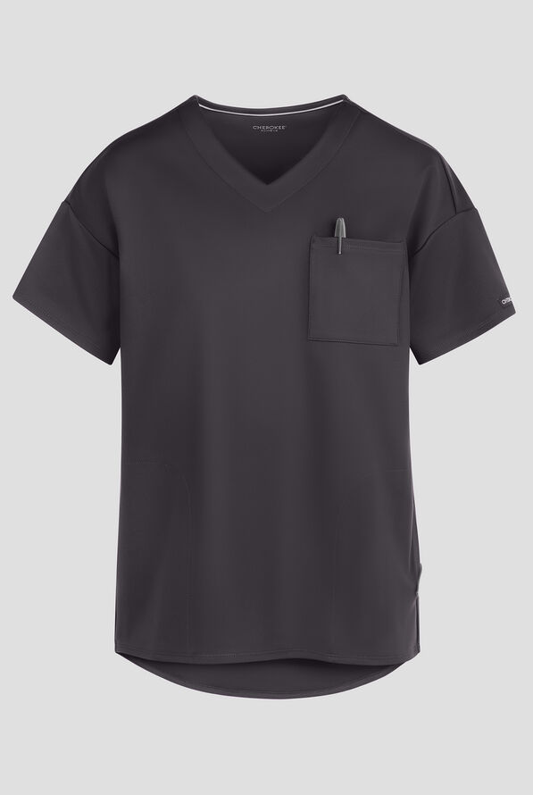 Cherokee Achieve Women's 3-Pocket  STRETCH Tunic V-Neck Knit Scrub Top - Pewter - 1