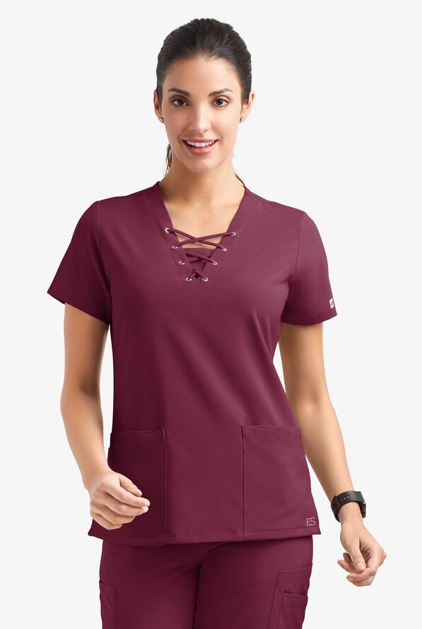 Blusa médica Easy STRETCH Gisele con cordones en el cuello en V y 5 bolsillos para mujer - Wine - 2