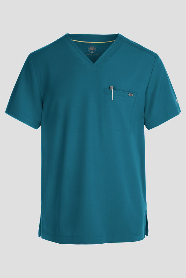 Healing Hands Quest Men's 1-Pocket STRETCH Tuck In V-Neck Scrub Top - Caribbean Blue - 1