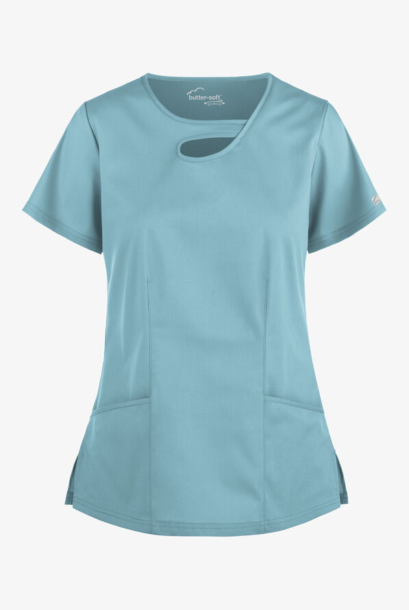 Butter-Soft STRETCH Women's 2-Pocket Asymmetric Keyhole Scrub Top - Dew Drop - 1