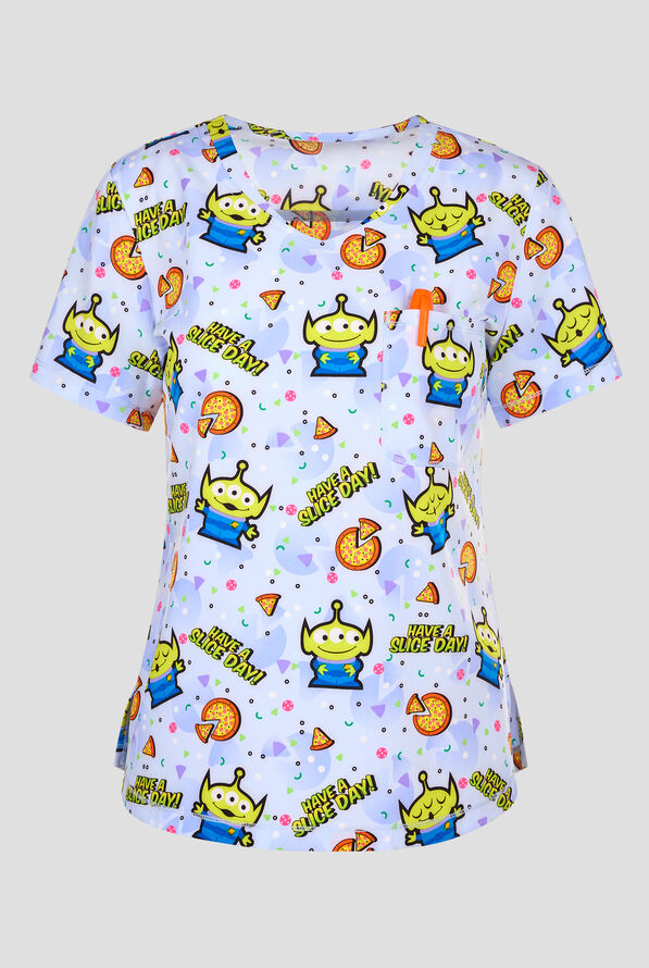 Tooniforms Disney's Minions Have A Slice Women's 2-Pocket STRETCH V-Neck Print Scrub Top - null - 1