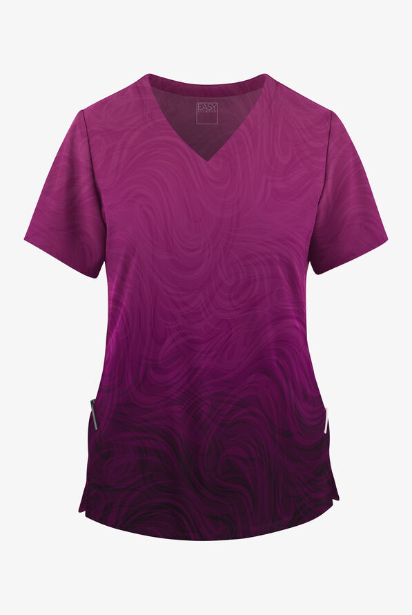 Easy STRETCH Radiant Ripples Eggplant Women's V-Neck Print Scrub Top - null - 1
