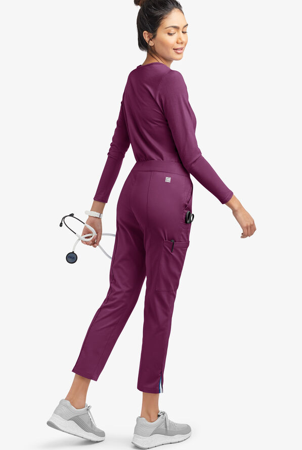 Pantal&oacute;n m&eacute;dico UA Butter-Soft STRETCH de piernas entalladas acortadas con ribete deportivo y 6 bolsillos para mujer - Wine/Silver Melange - 4