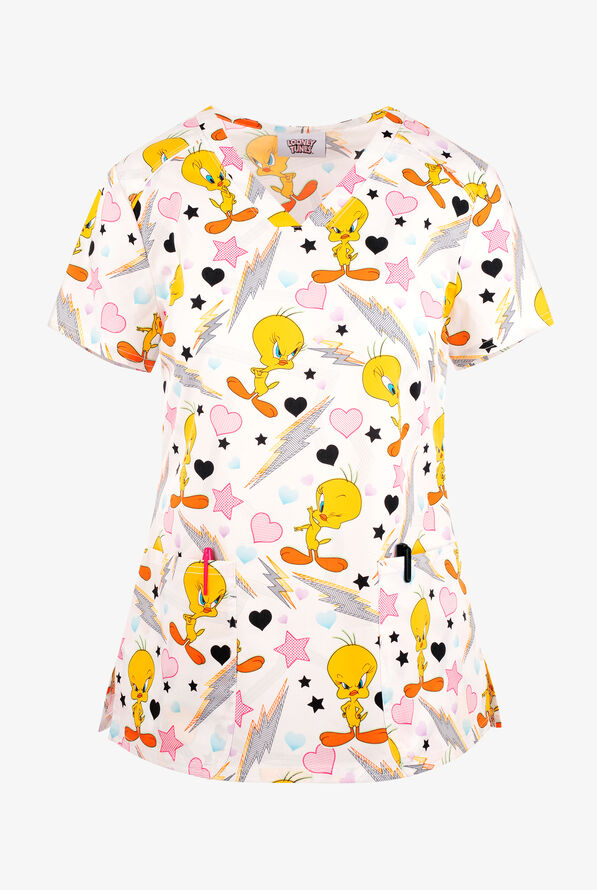 Tooniforms Looney Tunes Electric Tweety Women's 2-Pocket STRETCH V-Neck Print Scrub Top - null - 1