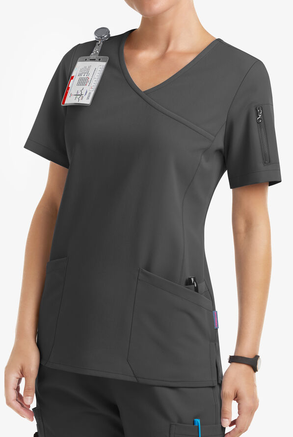MOVEMENT by Butter-Soft Capella Women's 5-Pocket Faux Wrap STRETCH Scrub Top - Pewter - 2