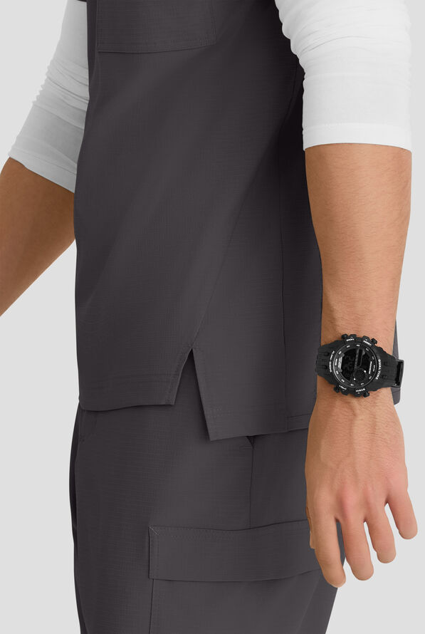 Skechers by Barco Ripstop Station Men's 3-Pocket STRETCH Notched Hem Round Neck Scrub Top - Pewter - 5