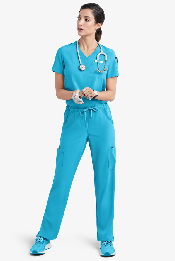 Easy STRETCH Chloe Women's 3-Pocket V-Neck Tuck-In Scrub Top - Turquoise - 2