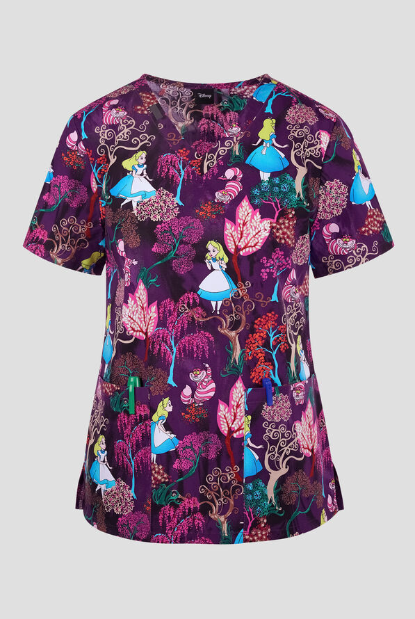 Tooniforms Disney's Here And Everywhere Women's 2-Pocket STRETCH V-Neck Print Scrub Top - null - 1