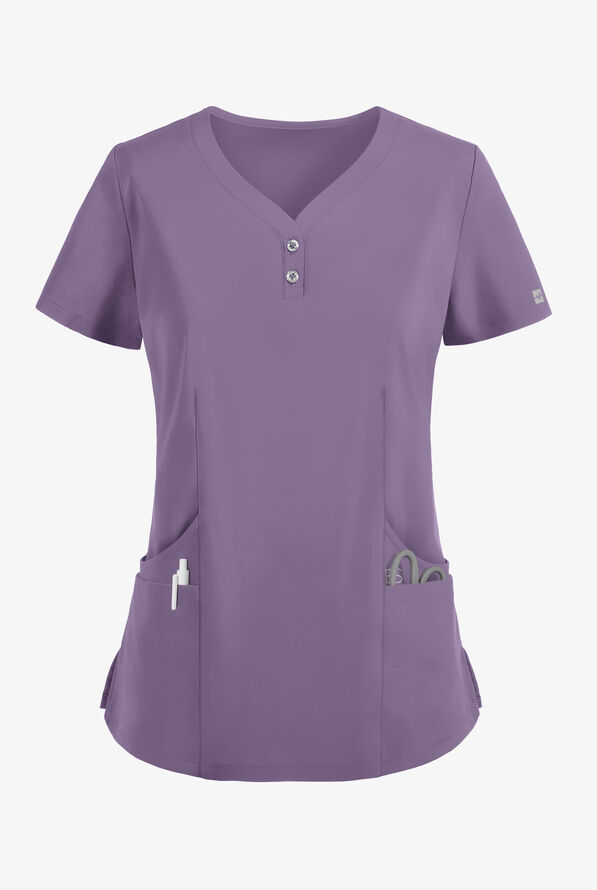 Easy STRETCH Demi Women's 4-Pocket Henley Scrub Top - Purple Dusk - 1
