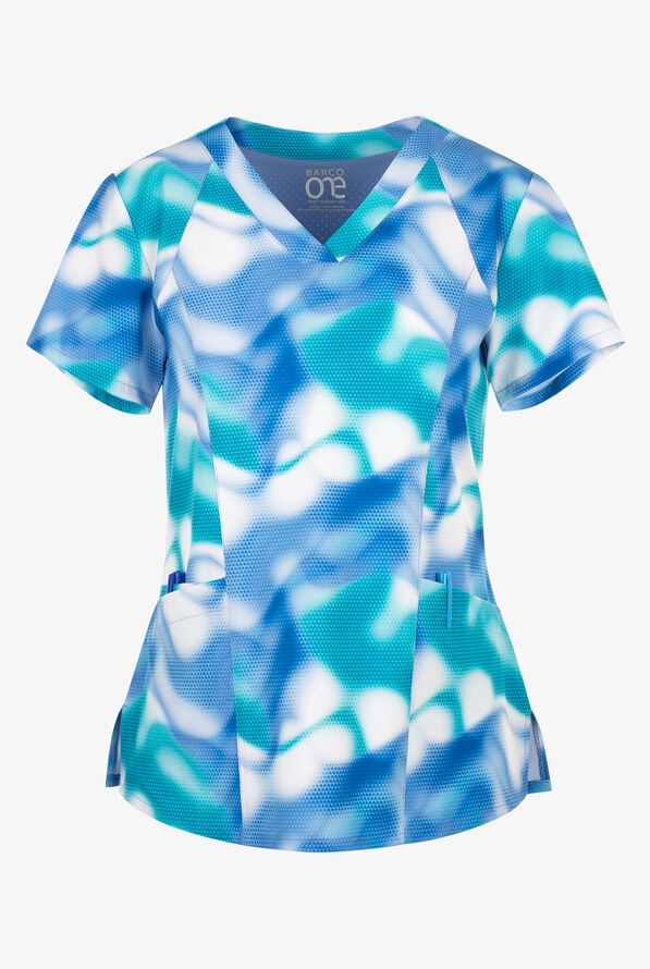 Barco One Azure Waves Women's 4-Pocket STRETCH V-Neck Print Scrub Top - null - 1