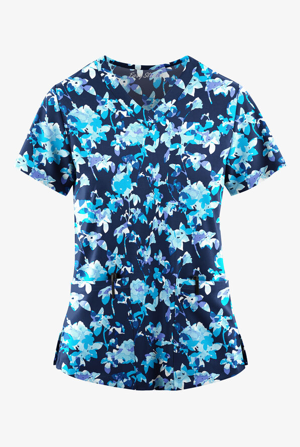 Blusa médica estampada Easy STRETCH Marble Art Teal con cuello en V y 2 bolsillos para mujer - null - 1