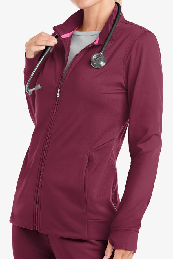 MOVEMENT by Butter-Soft Adara Women's 3-Pocket Long Sleeve Zip Front Warm-Up STRETCH Scrub Jacket - Wine - 3