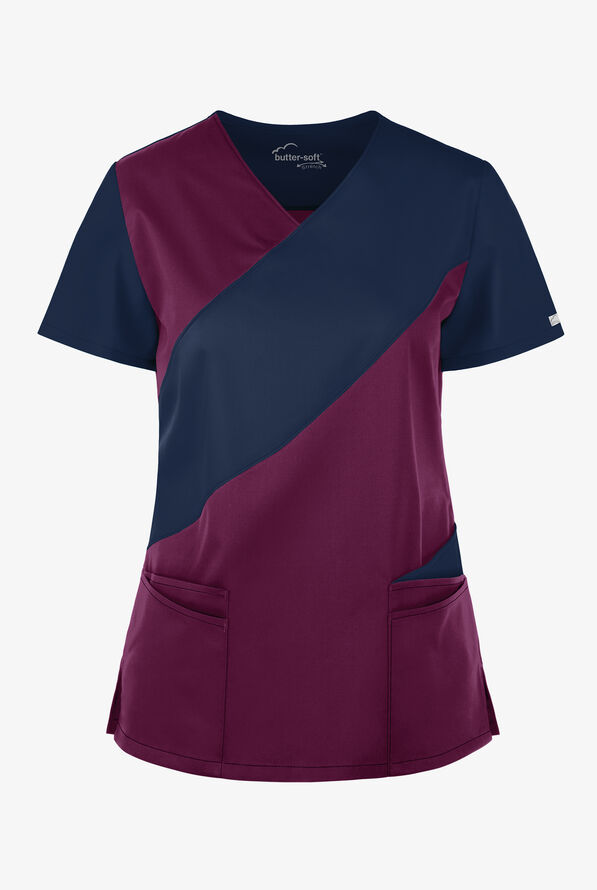 Butter-Soft STRETCH Women's 5-Pocket Asymmetric Scrub Top - Wine/Navy - 1