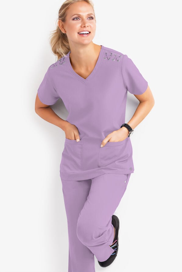 Easy STRETCH Leila Women's 3-Pocket Lace Up Grommet Scrub Top - Amethyst Mist - 2