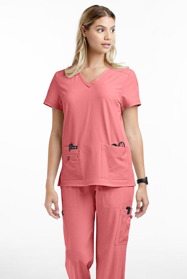 koi Basics Becca Women's 4-Pocket STRETCH V-Neck Scrub Top - Heather Soft Pink - 2