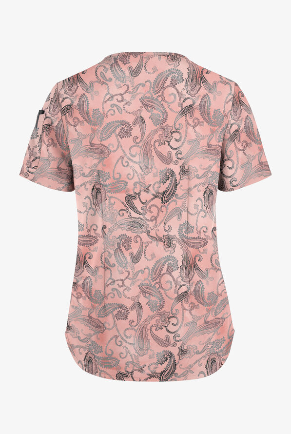 Easy STRETCH Paisley Tie Dye Women's 3-Pocket Tuck-In V-Neck Print Scrub Top - null - 2