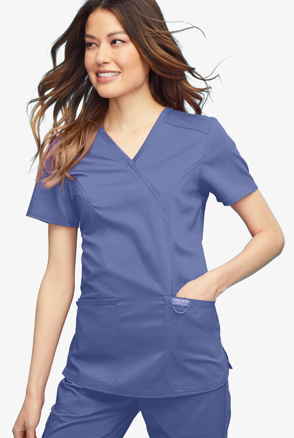 Cherokee Workwear Revolution Women's 2-Pocket STRETCH Mock Wrap Scrub Top - Ceil Blue - 2