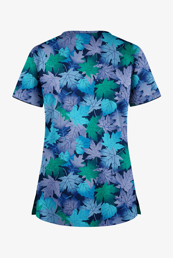 Butter-Soft STRETCH Autumn Foliage Navy Women's 1-Pocket V-Neck Print Scrub Top - null - 2