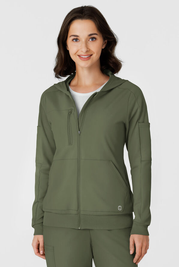 Wink Renew Knit Women's 4-Pocket STRETCH Front Zip Scrub Hoodie Jacket - Olive - 3