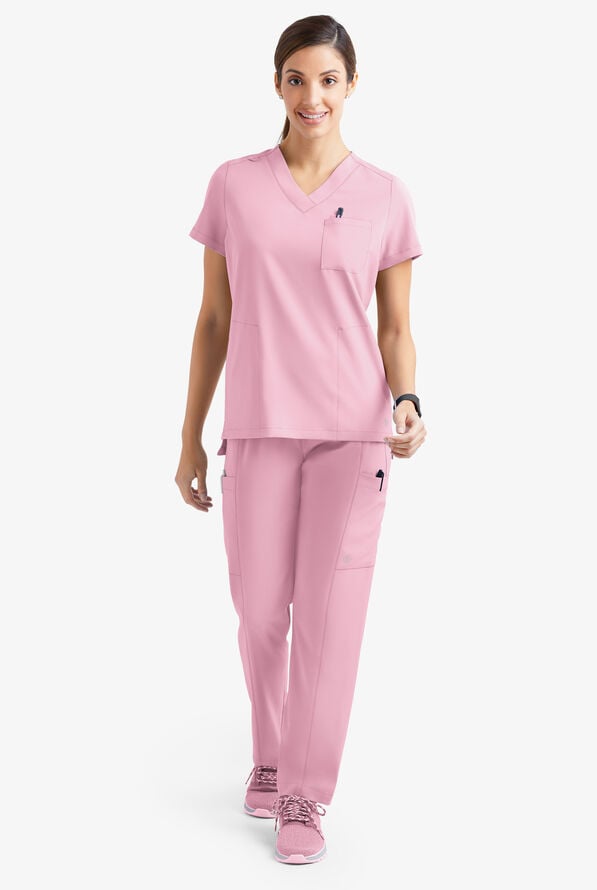 Easy STRETCH Taylor Women's 3-Pocket High Low Hem V-Neck Scrub Top - Pink Peony - 2