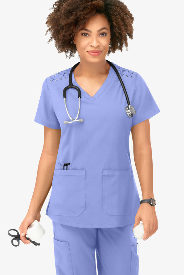 Blusa m&eacute;dica Easy STRETCH Leila con ojales con lazos y 3 bolsillos para mujer - Ceil Blue - 5