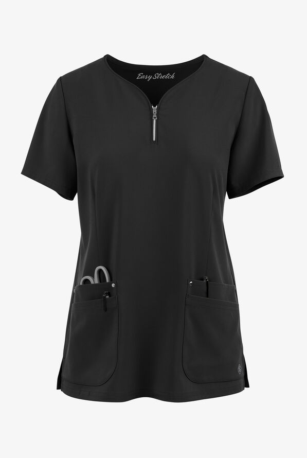 Blusa médica Easy STRETCH Arianna con cuello curvo y 4 bolsillos para mujer - Onyx Black - 1