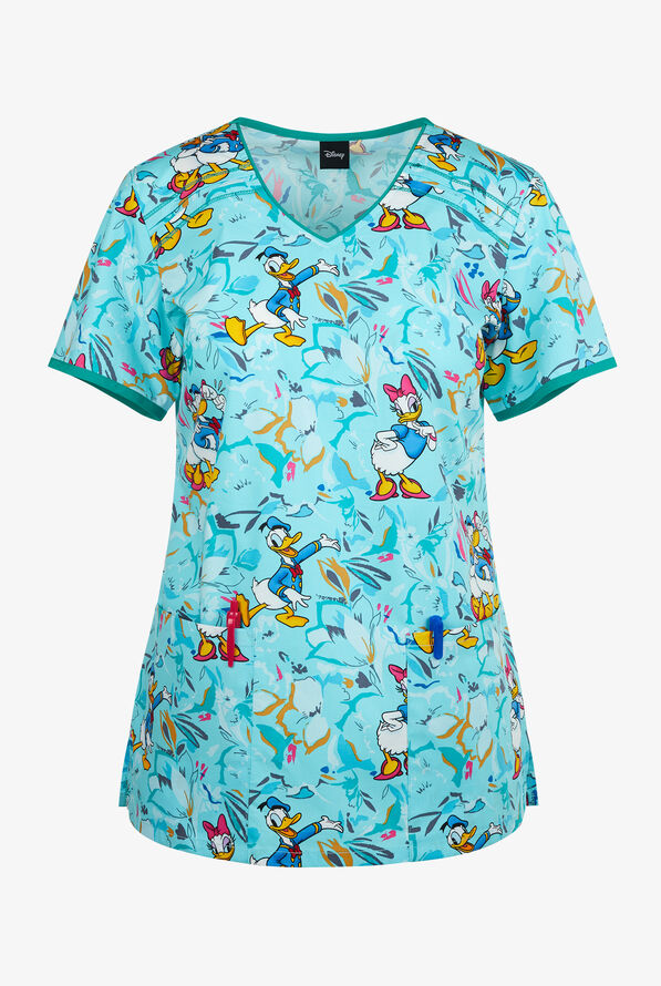 Tooniforms Disney's Donald and Daisy Garden Stroll Women's 2-Pocket STRETCH V-Neck Print Scrub Top - null - 1