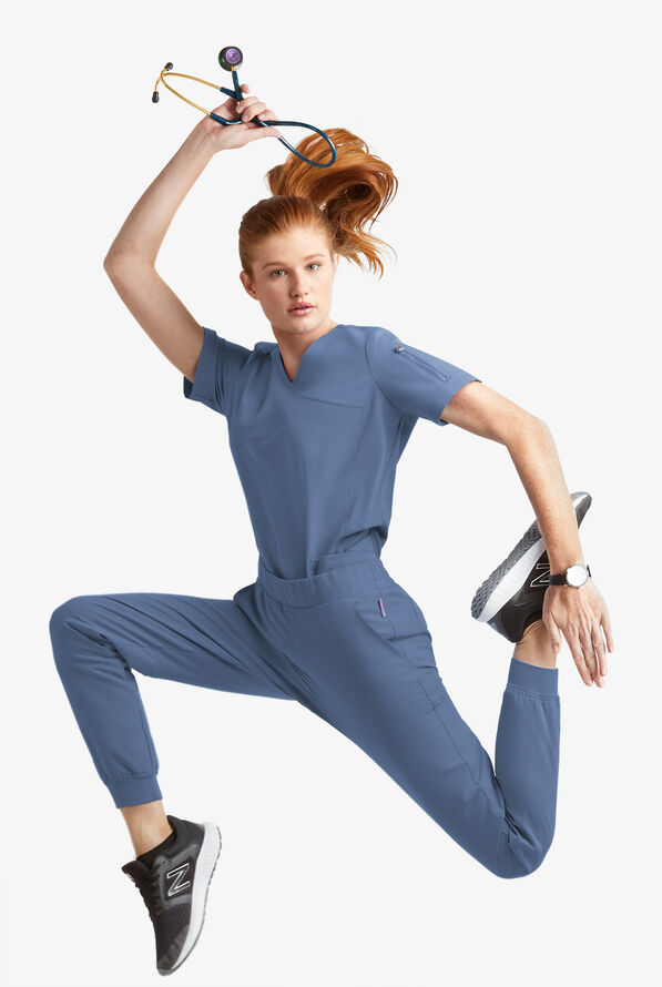 MOVEMENT by Butter-Soft Capella Women's 5-Pocket Faux Wrap STRETCH Scrub Top - Blue Horizon - 6