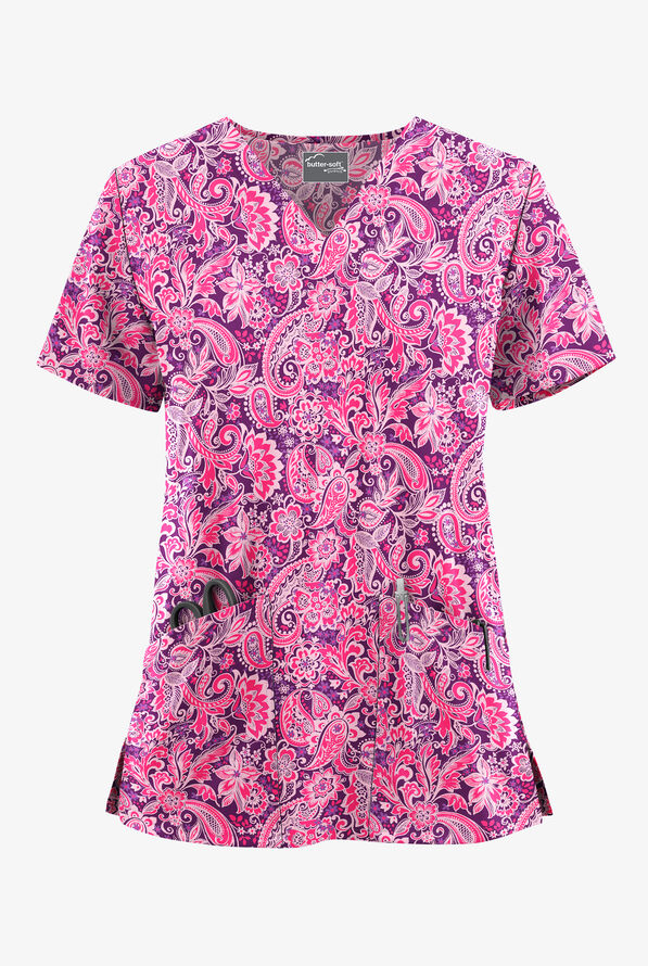 Butter-Soft STRETCH Romantic Paisley Eggplant Women's 2-Pocket V-Neck Print Scrub Top - null - 1