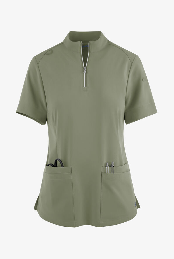 Easy STRETCH Jen Women's 4-Pocket Zip-Neck Short Sleeve Scrub Top - Olive Leaf - 1