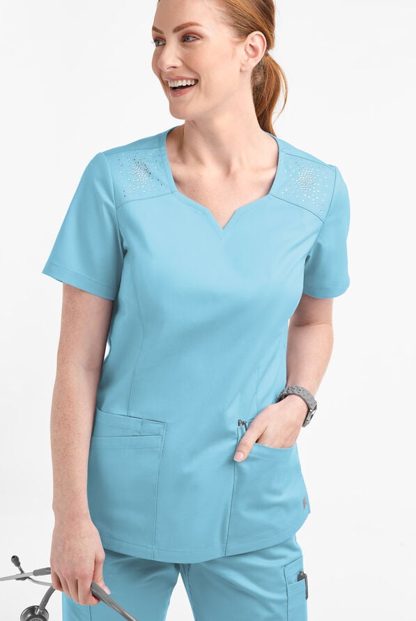 Butter-Soft STRETCH Women's 6-Pocket Crystal Bling Scrub Top - Poolside View - 2