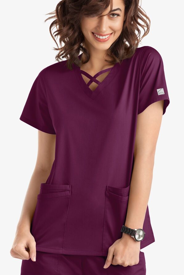 Blusa m&eacute;dica UA Butter-Soft STRETCH con lazos entrecruzados y 4 bolsillos para mujer - Wine - 2