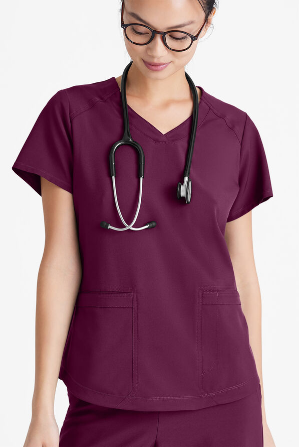 Grey's Anatomy by Barco Evolve STRETCH Rhythm Women's 2-Pocket V-Neck Scrub Top - Wine - 2