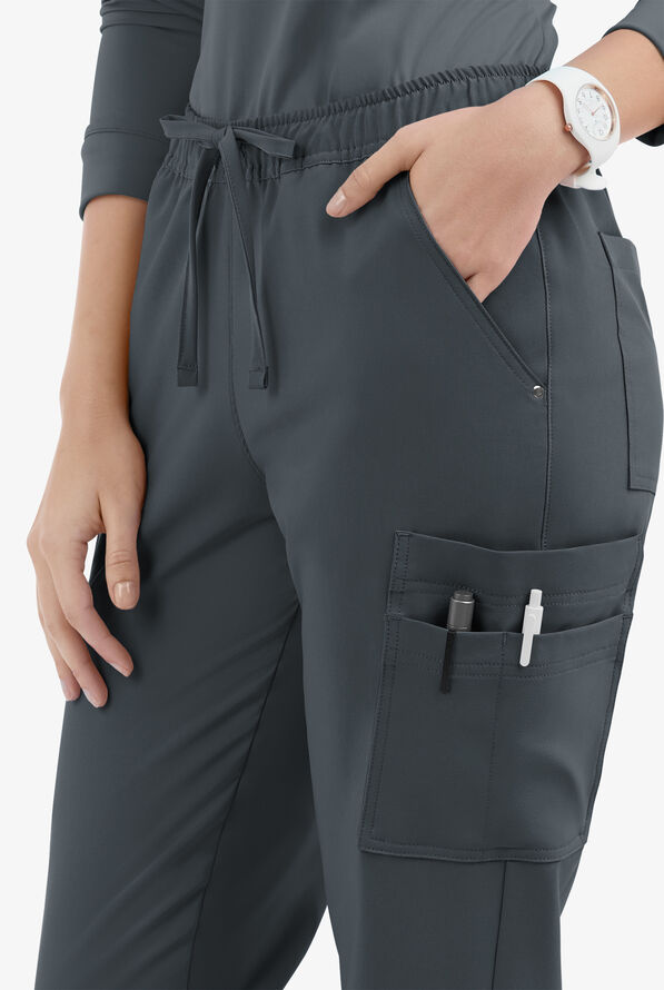 Easy STRETCH Halle Women's 11-Pocket Ruched Leg Jogger Scrub Pants - Pewter - 3