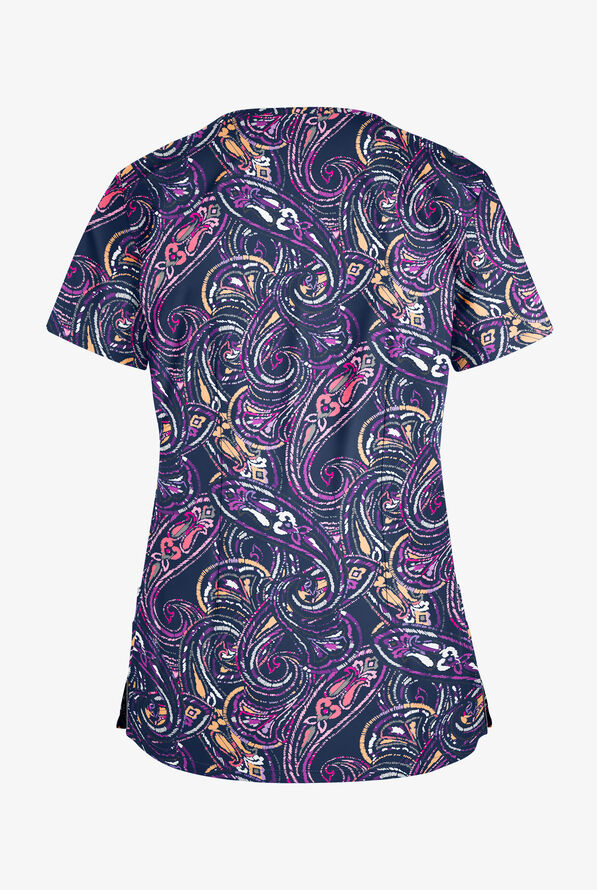 Butter-Soft Elegant Paisley Navy Women's 4-Pocket Rounded V-Neck Print Scrub Top - null - 2