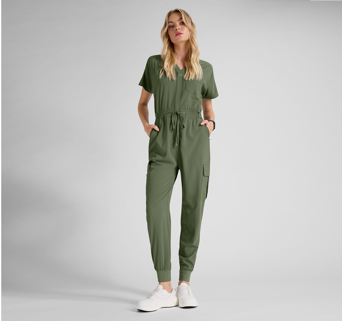 Wink Renew Women’s Stretch V-Neck Cargo Jogger Jumpsuit