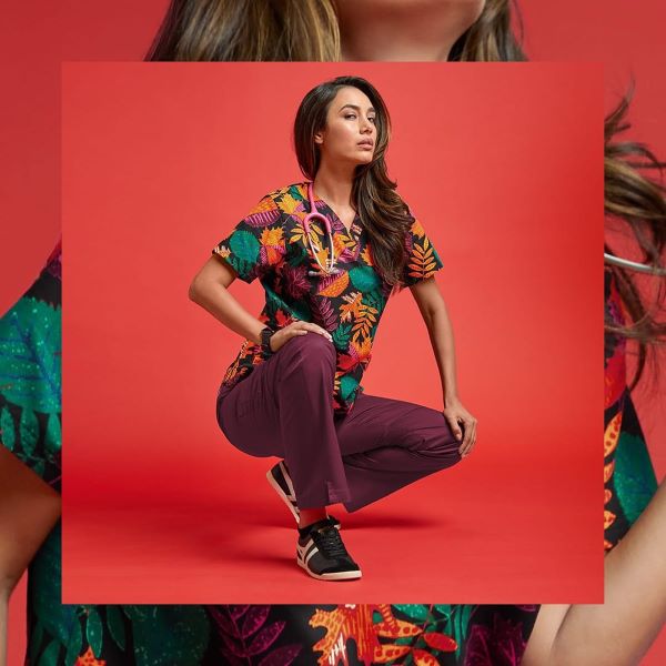 red printed scrubs