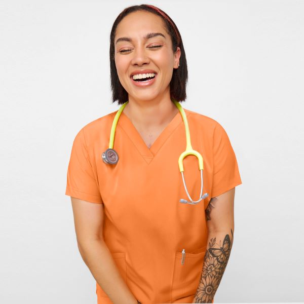 orange scrub top