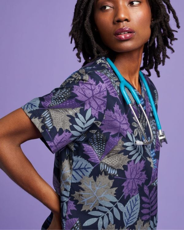 print scrubs and stethoscope