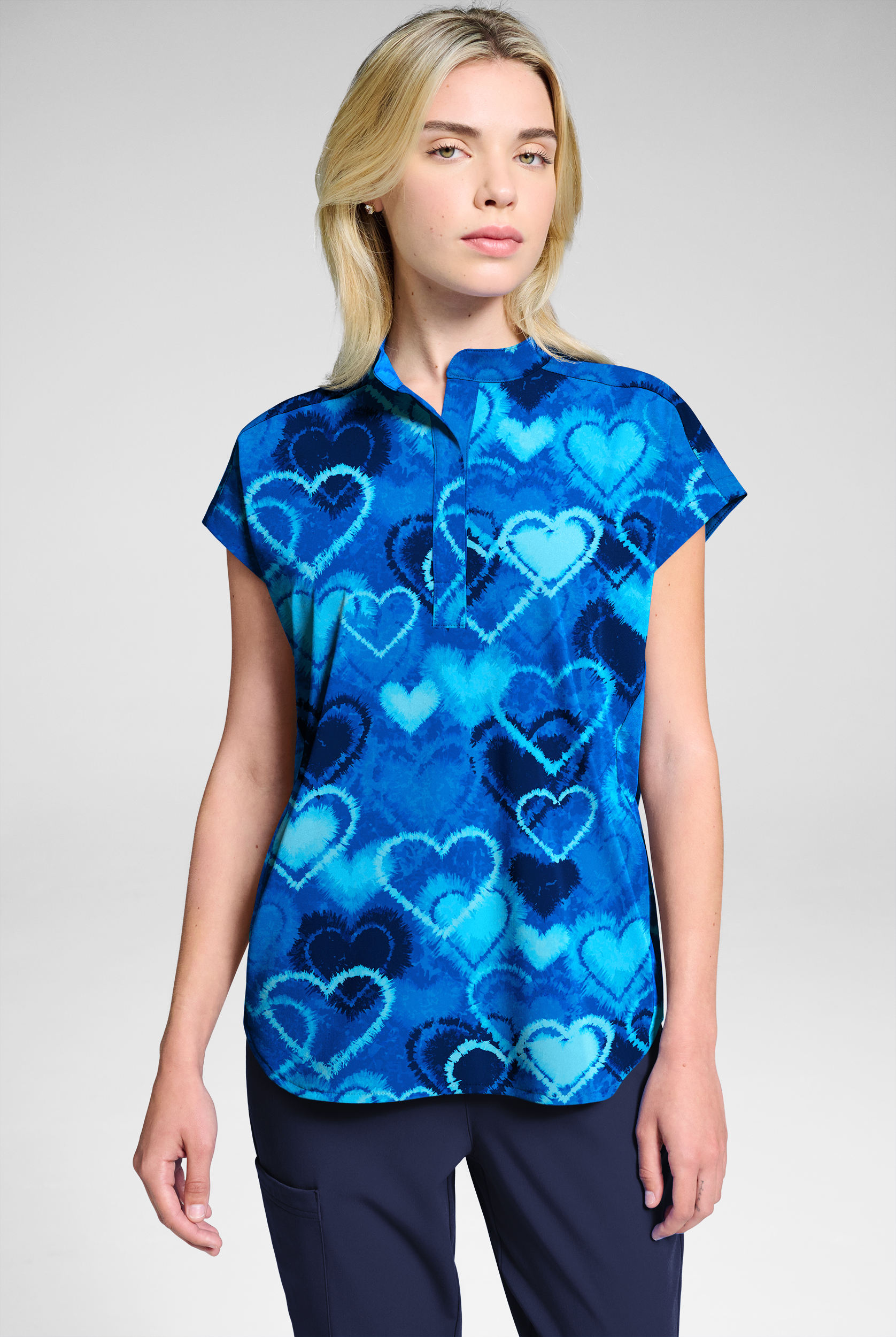 Butter-Soft STRETCH Heart Melody Navy Women's 2-Pocket Oversized Dolman Sleeve Print Scrub Top