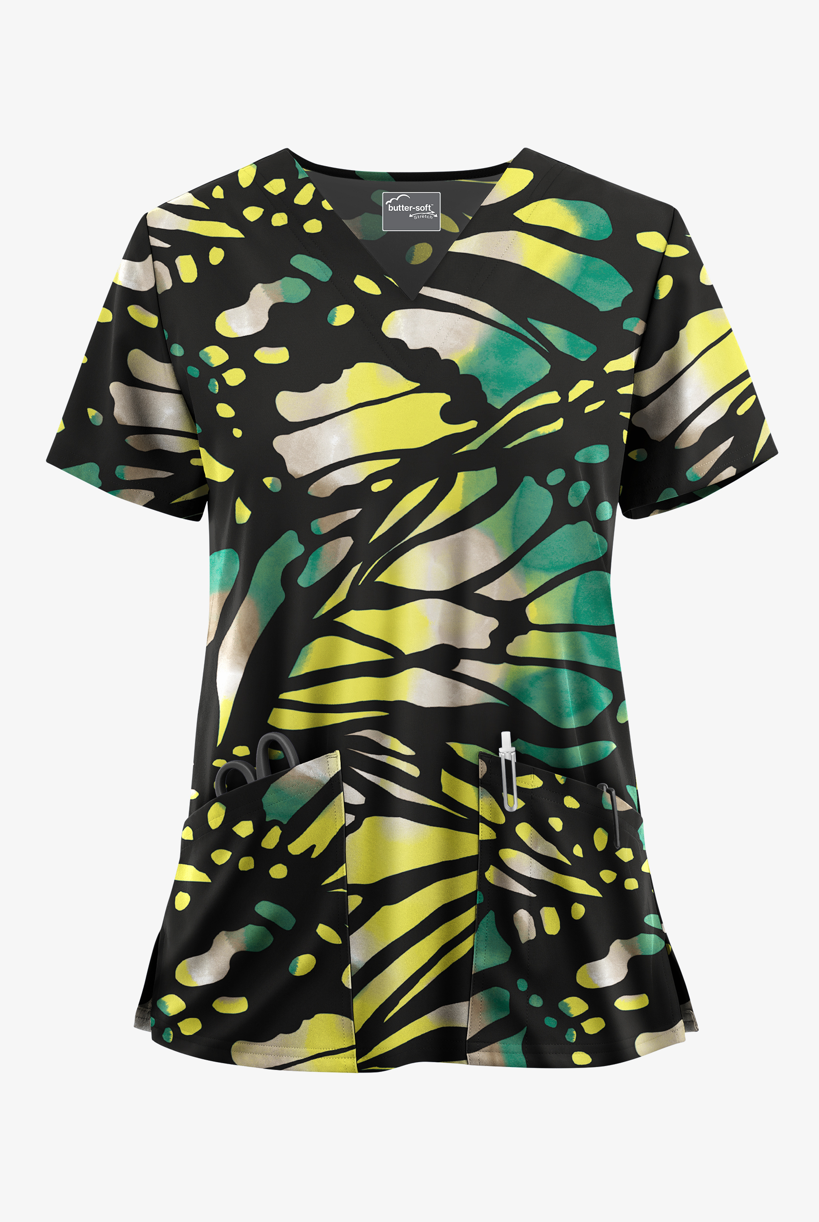 Butter-Soft STRETCH Bold Butterfly Black Women's 2-Pocket V-Neck Print Scrub Top